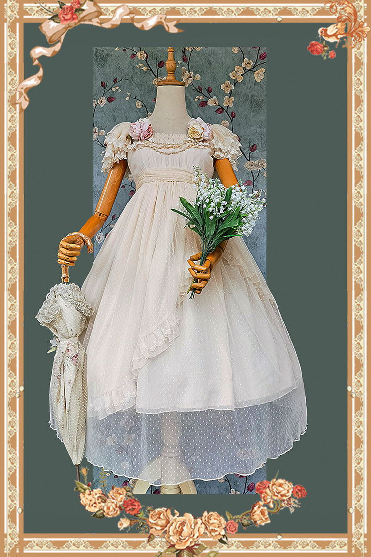 Apricot [Moon goddess *Mediana*] Polka Dot Print Ruffle Bowknot Asymmetric Sweet Elegant Lolita Dress