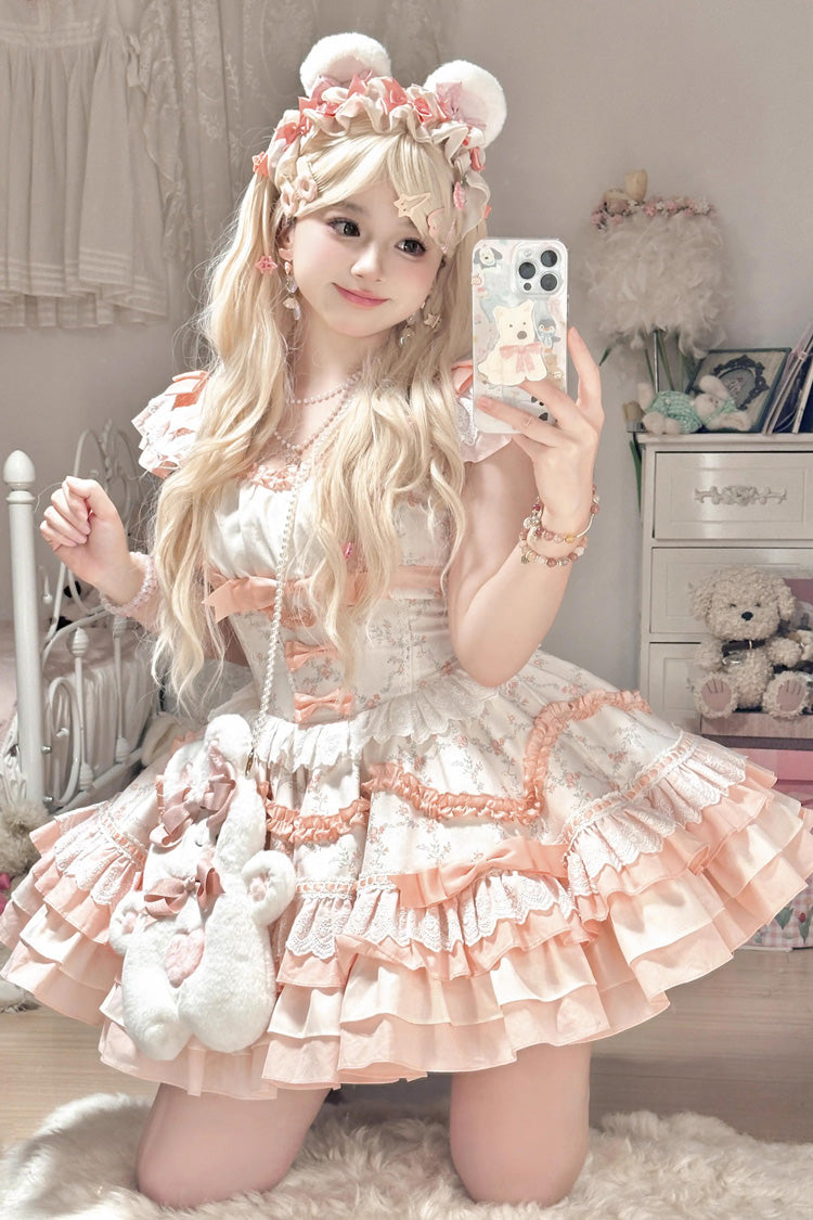 Floral Print Multi-layer Ruffle Bowknot Lace Sweet Lolita Tiered Dress 2 Colors