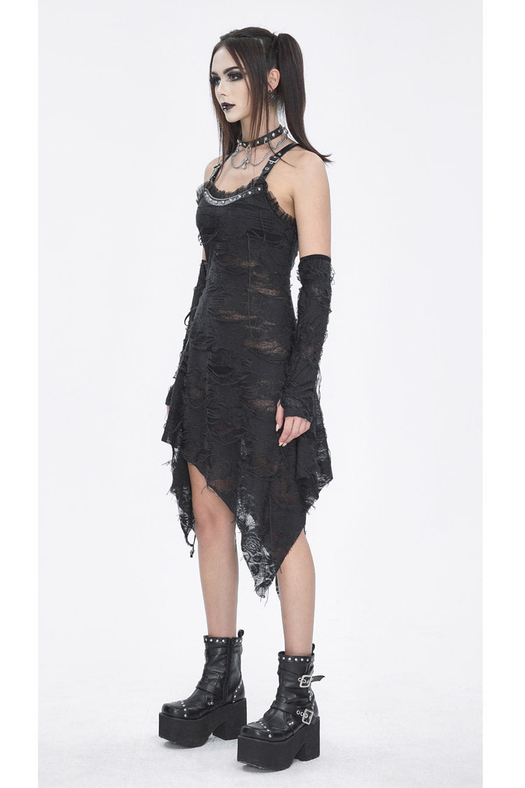 Black Sleeveless Lace Irregular Womens Gothic Strap Dress