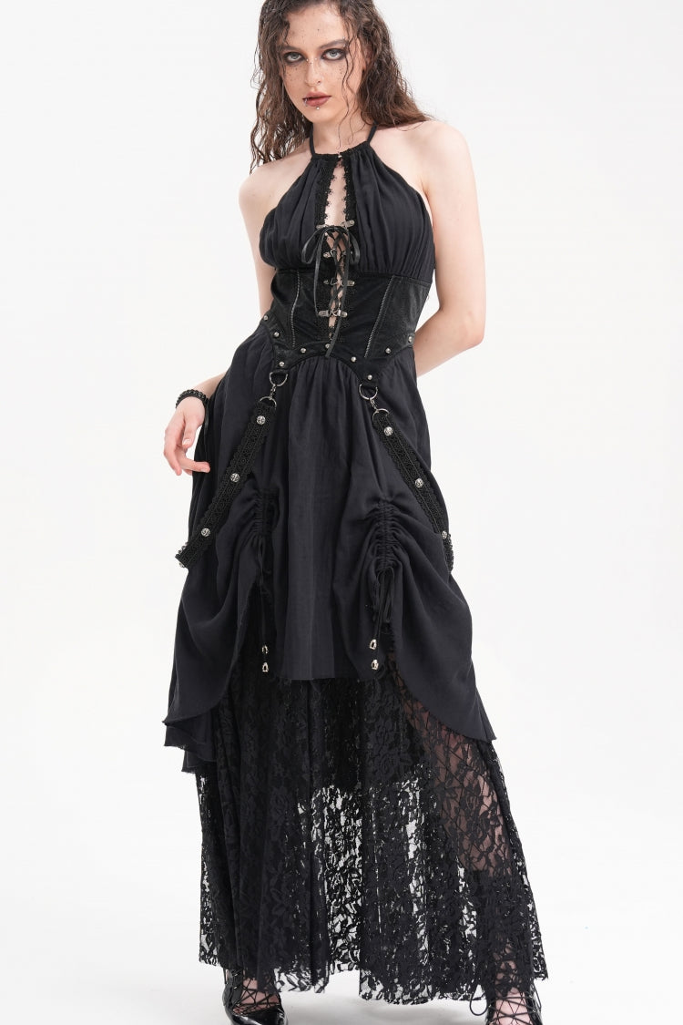 Black Halterneck Hollow Lace Women's Gothic Strap Maxi Dress