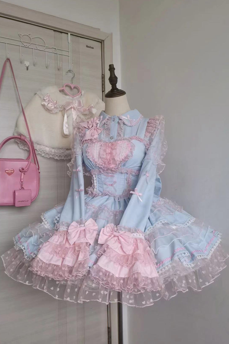 Blau/Rosa Pray Mehrlagiges Rüschen-Spitzen-Lolita-JSK-Kleid mit süßer Prinzessinnen-Optik