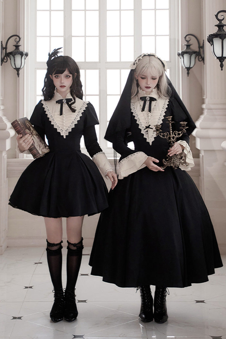 Schwarzes [Letters and Poems·Nocturne] Lange Ärmel Gothic Lolita Kurzes Nonnenkleid mit Rüschen