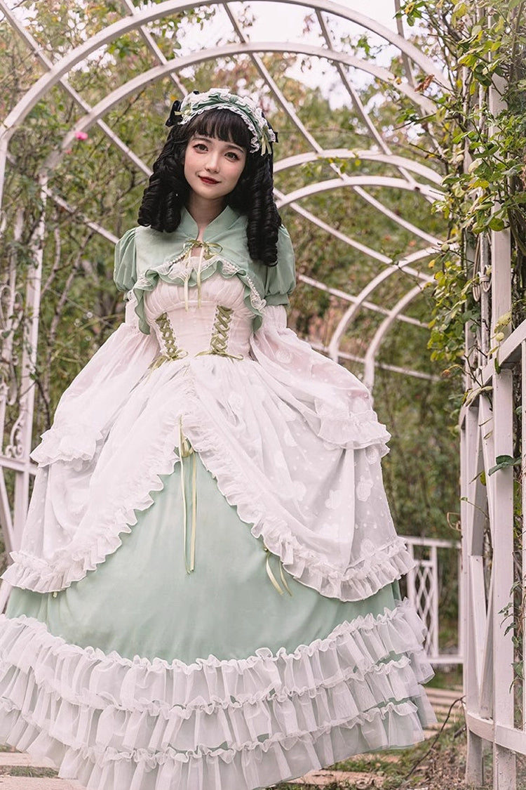 Grünes, mehrlagiges Hanayome-Spitzenkleid mit Rüschen und Schnürung in Übergröße, süßes Lolita-JSK-Kleid (lange Version)