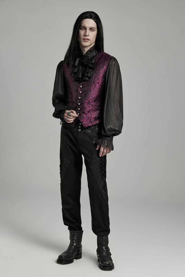 Black/Red Jacquard Lace-Up Slim Men's Gothic Vest