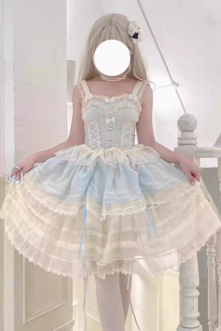 Blaues [Zitronen-Meersalz] Süßes Lolita-Prinzessinnen-JSK-Kleid mit Rüschenspitze