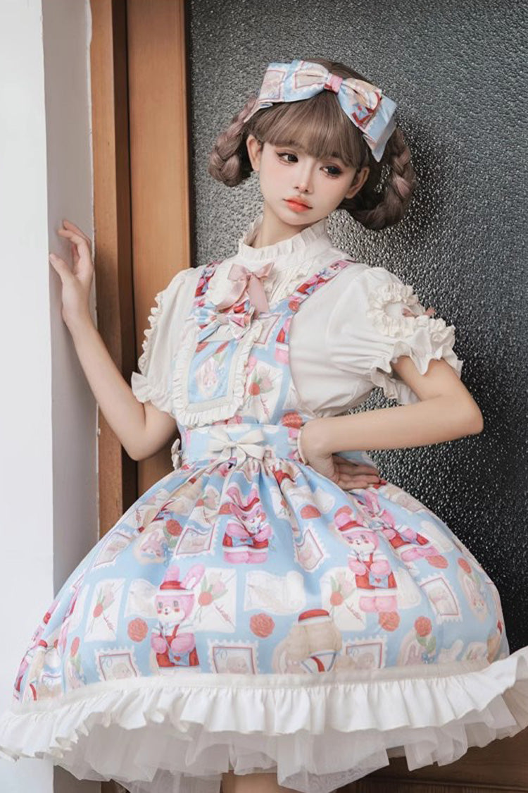 Light Blue [Letter from Showa] Rabbit and letter Print Ruffle Bowknot Sweet Princess Lolita Strap Dress