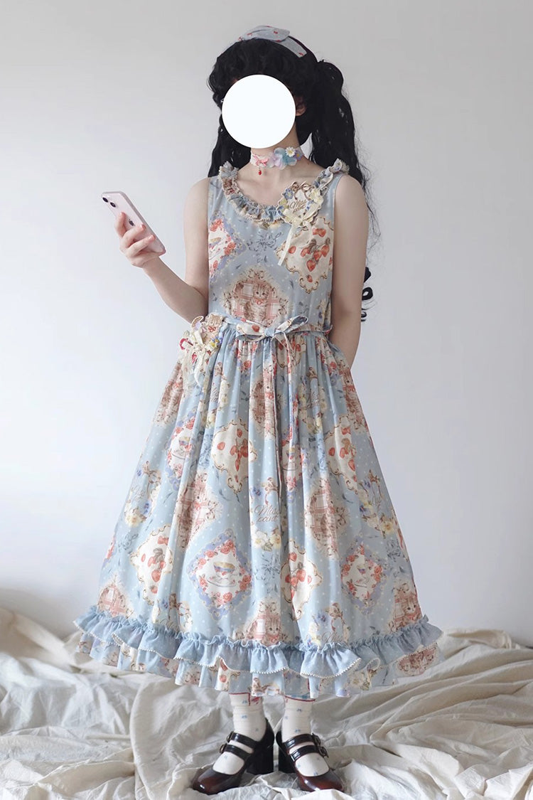 Cat Rose Tea Sleeveless Print Ruffle Bowknot Sweet Lolita Jumper Dress Version2 3 Colors