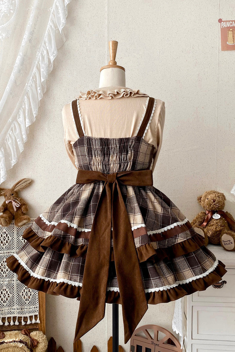 Braun [Karamellkakao] Süßes Lolita Jsk Kleid mit doppellagigem Druck und Rüschen und Schleife