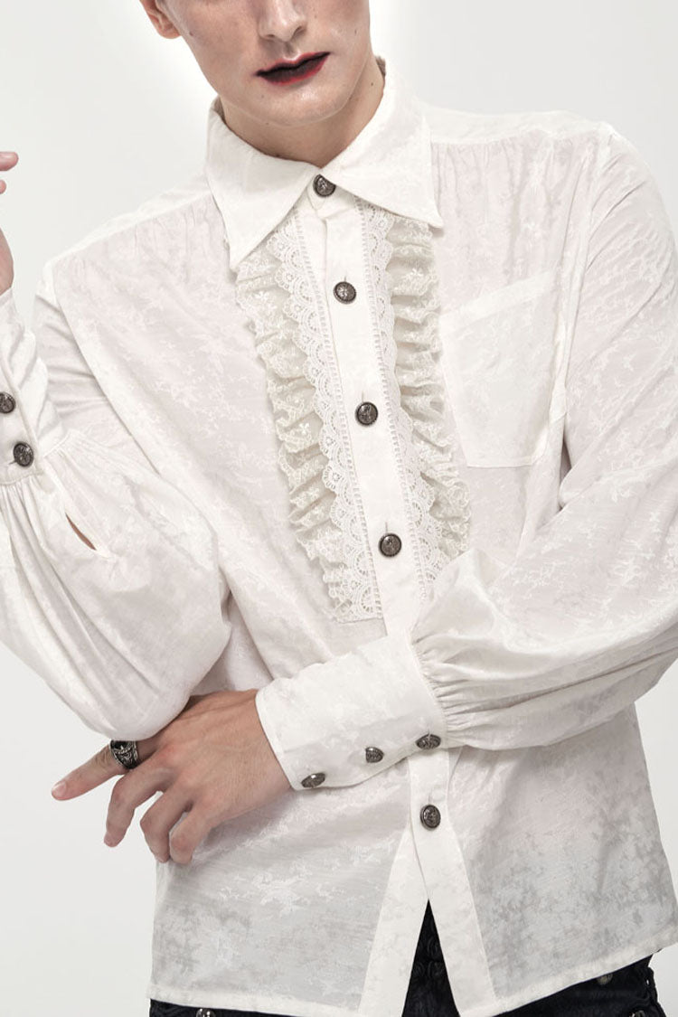 White Gothic Metal Pattern Buckle Long Sleeve Pleated Lace Lantern Shape Printing Pattern Men's Shirt