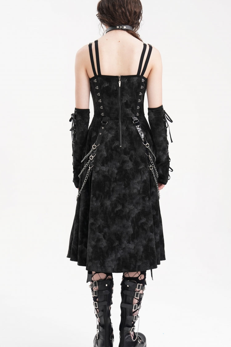 Black Chains Rings Lace-Up Women's Gothic Slip Dress with Gloves