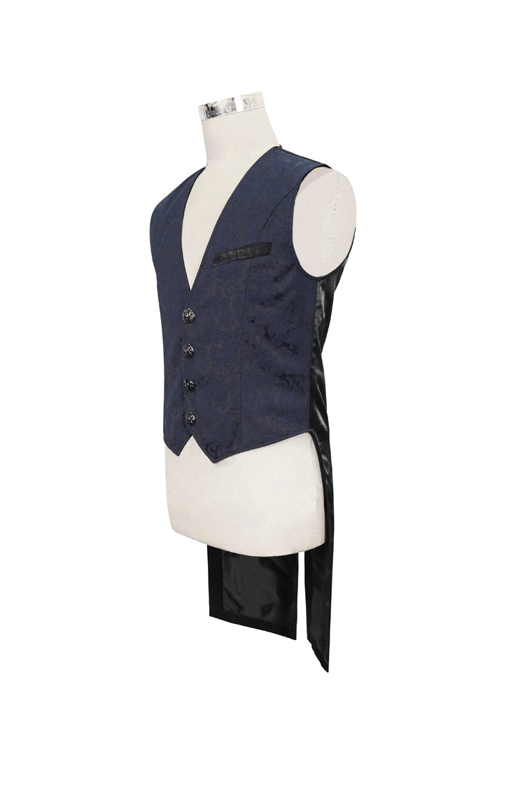 Blue Stylish Retro Print Non-Stretch Fit Mid-Century Men's Gothic Tuxedo Vest