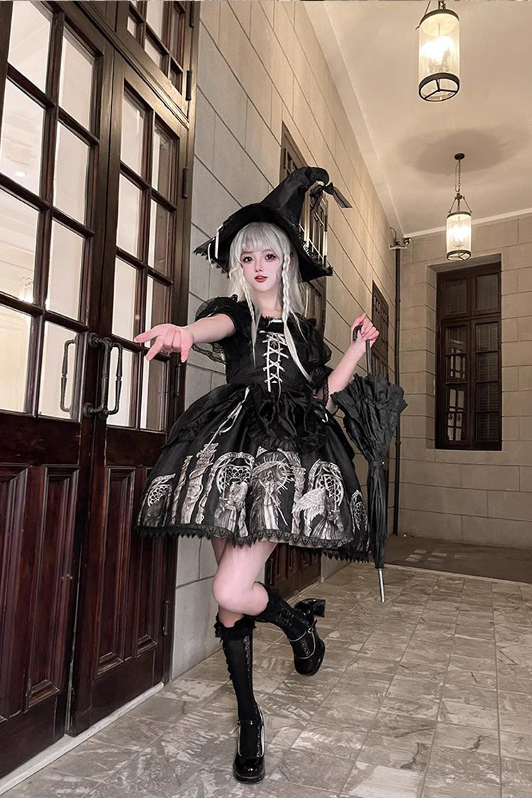 Black Eternal Night Print Ballet Lace-Up Gothic Punk Lolita Jsk Dress