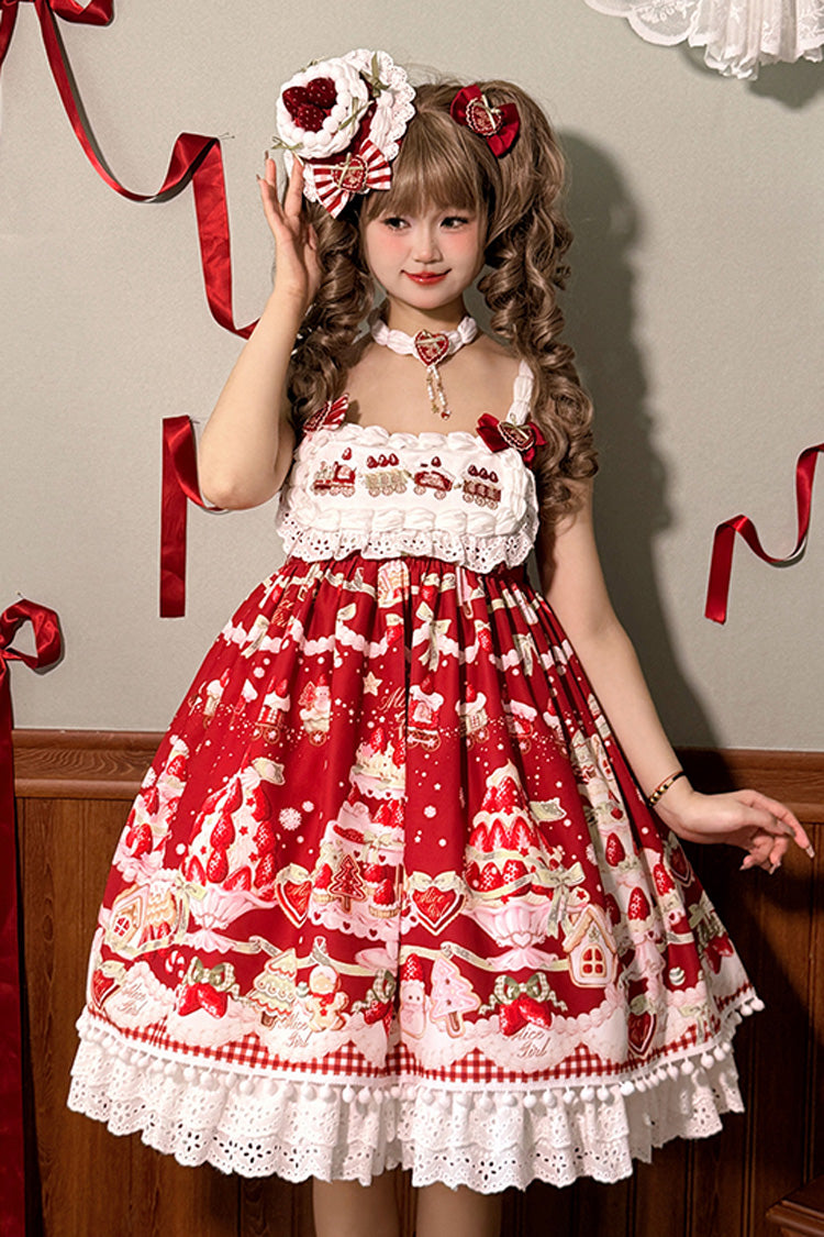 Süßes Lolita JSK-Kleid mit Rüschen und Schleife, Mint, Erdbeer-Dessert-Print, hoher Taille, 4 Farben