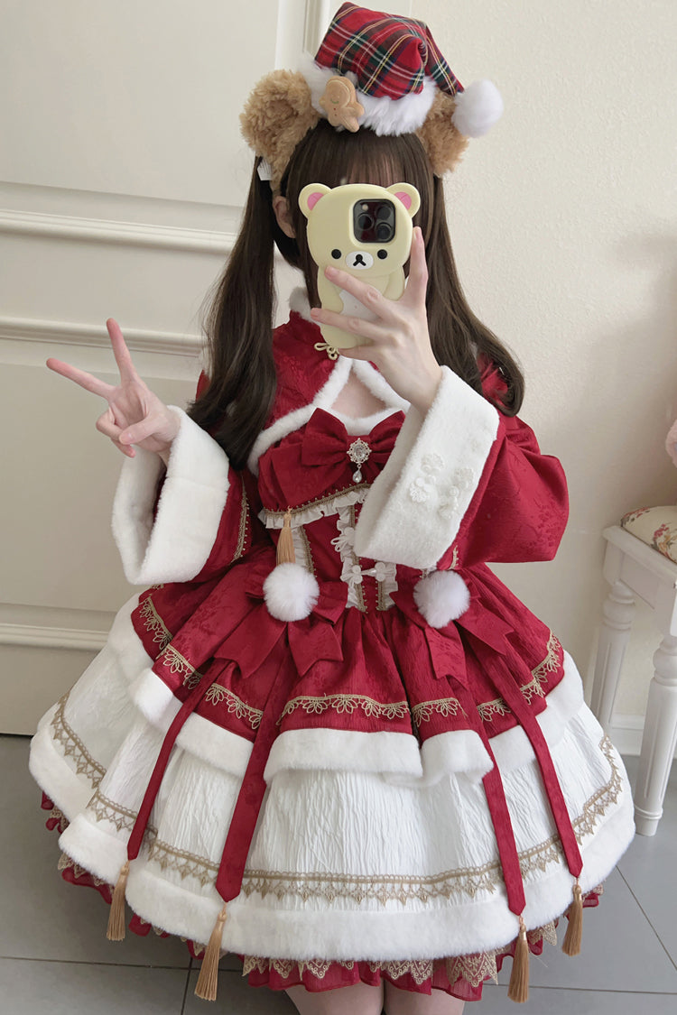 Red [Snow Rabbit] Long Sleeves Ruffle Bowknot Fake Two Pieces Sweet Lolita Dress