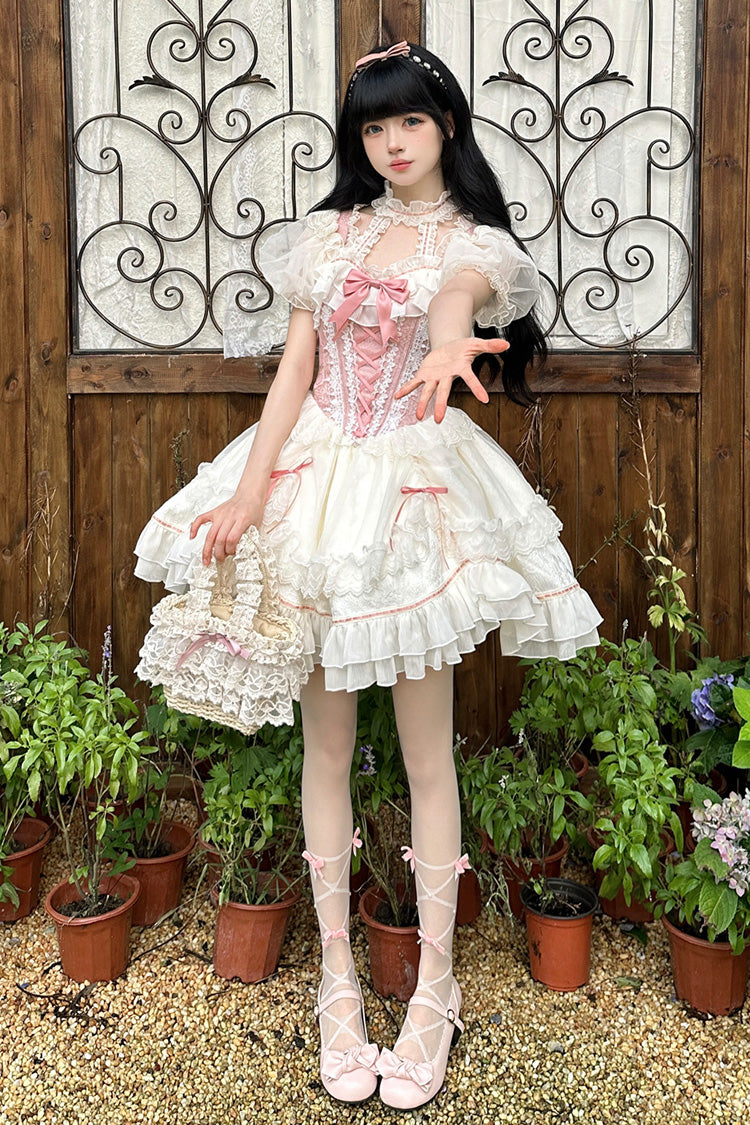 Weiß/Rosa Secret Garden mehrlagiges Rüschenschleifen-Schnürkleid mit süßer Prinzessinnen-Lolita-JSK