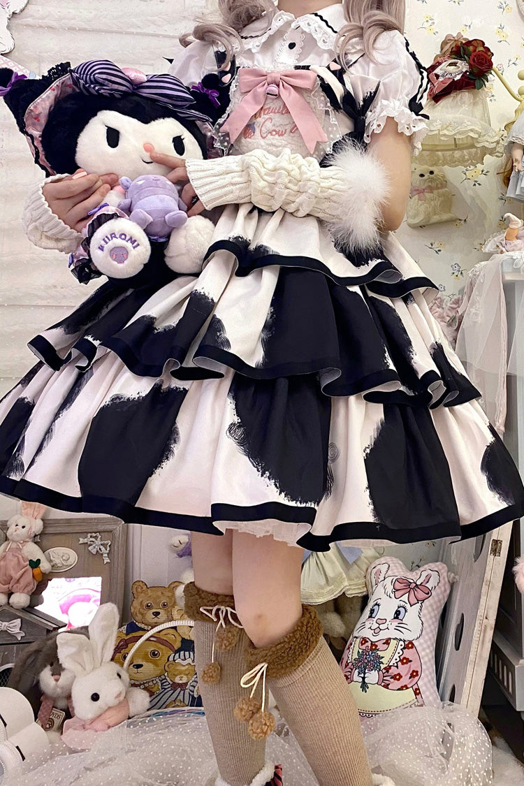 Black Sleeveless Triple-Layered Cow Print Ruffle Bowknot Sweet Lolita Jsk Dress