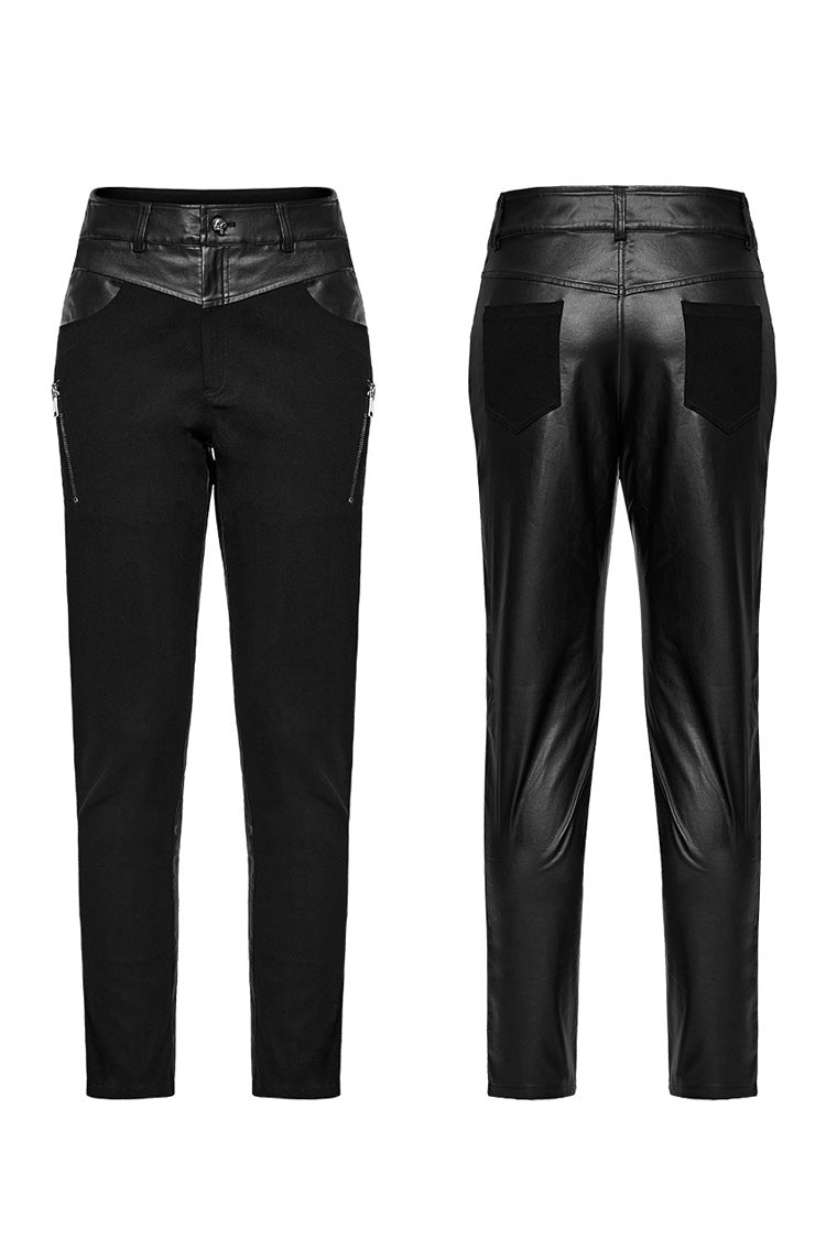 Black Faux Leather Stitching Zipper Men's Punk Pants