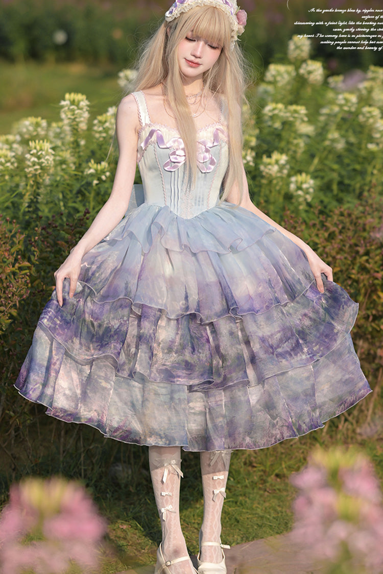 Multi-Color Three-layer Swan Lake Print Oil Painting Ruffle Bowknot Sweet Lolita Jsk Dress