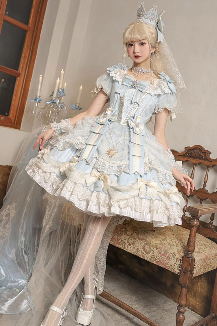 Light Blue [Girls' Day] Short Sleeves Multi-Layered Ruffle Bowknot Lace Sweet Lolita Dress 2 Versions