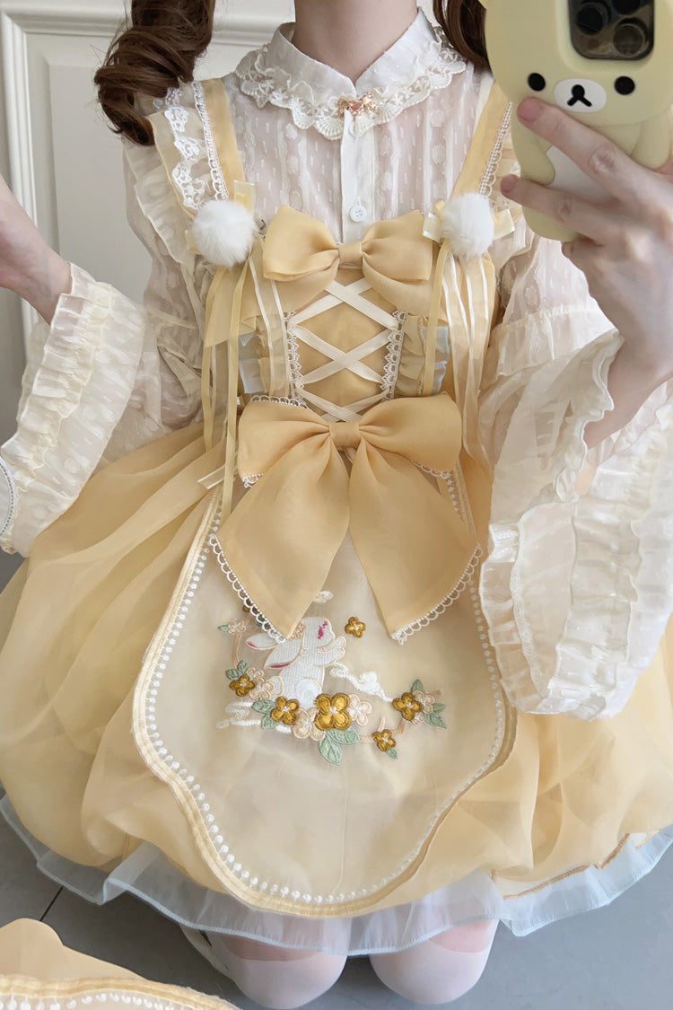 Yellow [Moon Rabbit Shadow] Embroidery Ruffle Bowknot Lace Sweet Lolita Jsk Dress