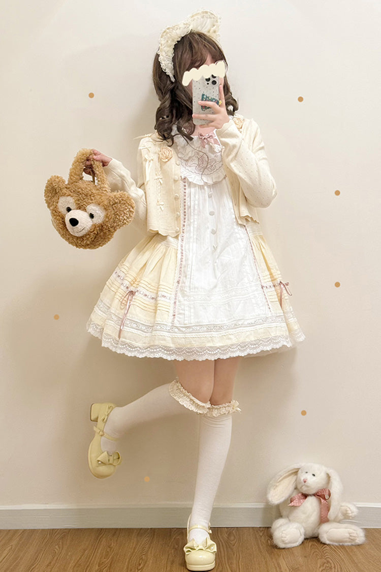 Light Yellow Doll Collar Short Sleeves Little Angel Print Bowknot Lace Sweet Lolita Dress