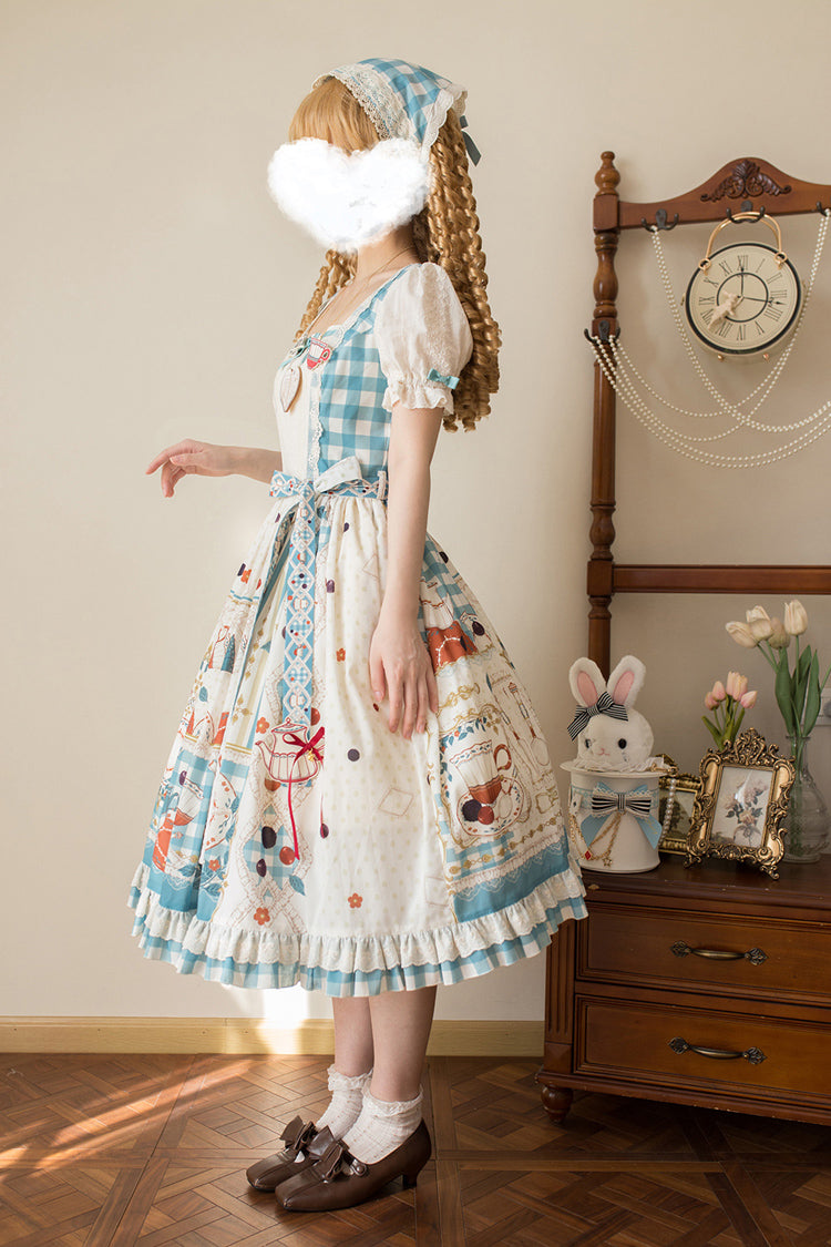 Blue/Green [Tea Party] Short Sleeves Print Ruffle Bowknot Lace Sweet Elegant Lolita Dress