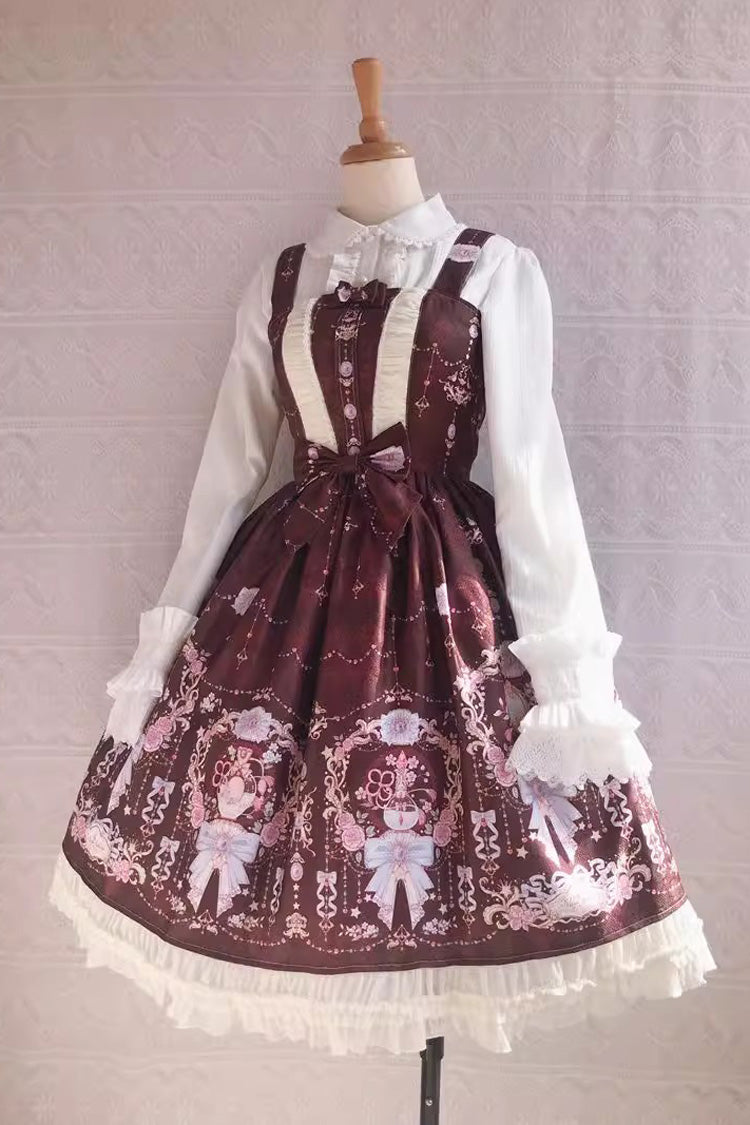 Süßes Lolita-JSK-Kleid mit kleiner, zarter Rüschenschleife und Druck in 4 Farben