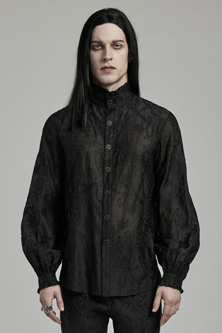 Black Stand Collar Jacquard Embroidery Men's Gothic Blouse