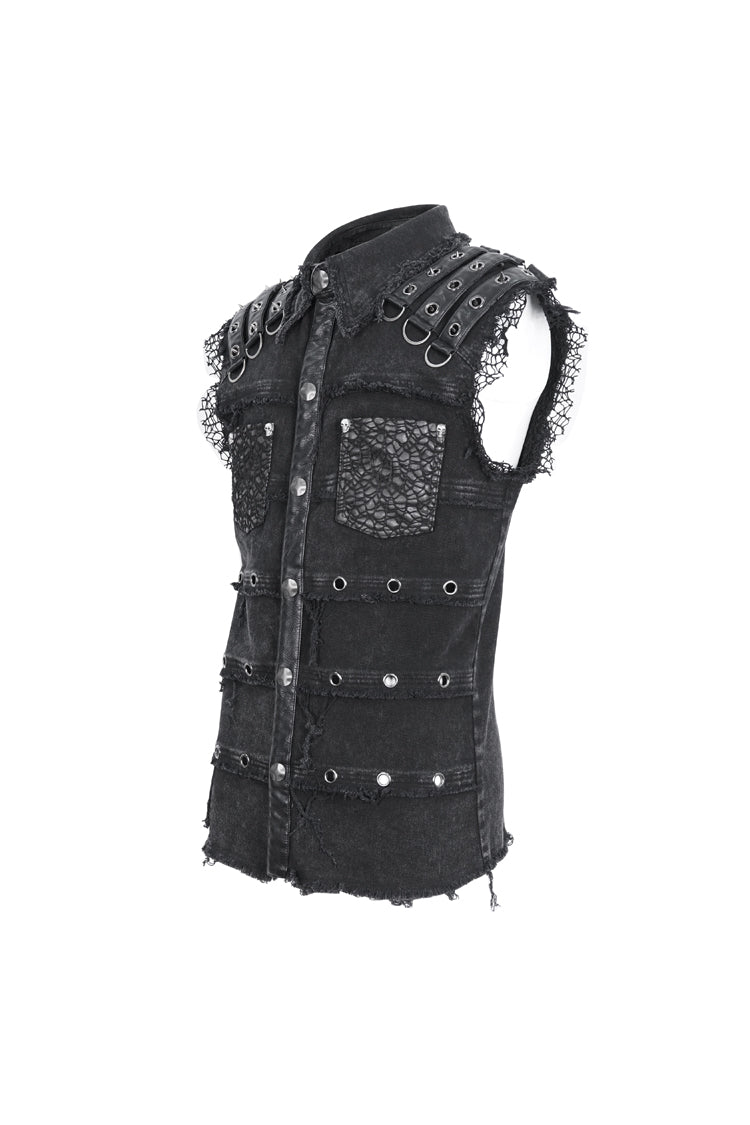 Black Lapel Collar Studded Slim Men's Punk Vest