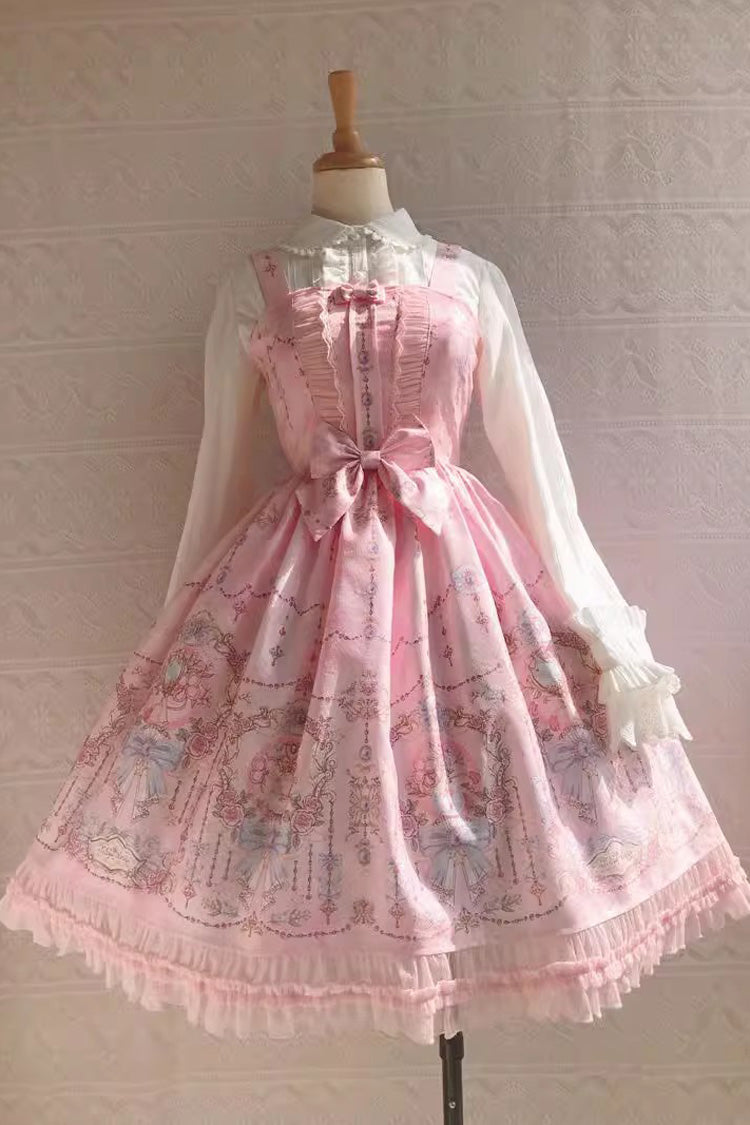 Süßes Lolita-JSK-Kleid mit kleiner, zarter Rüschenschleife und Druck in 4 Farben