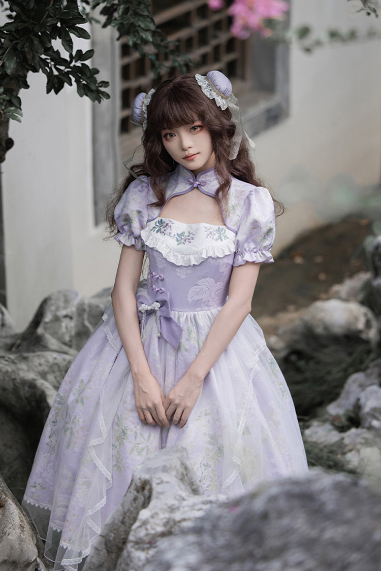 Purple Lilac Short Sleeves Hollow Embroidery Sweet Chinese Cheongsam Style Lolita Dress