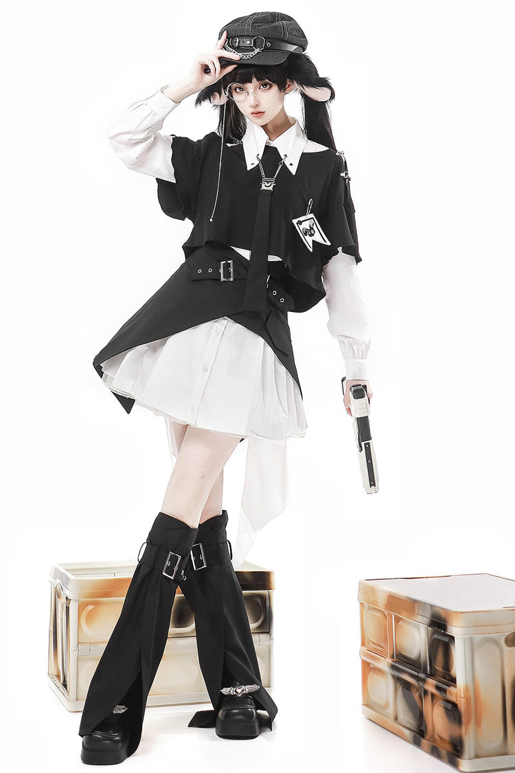 Black/White Cute Rabbit Sheriff Long Sleeves Slim Sweet Military Lolita Dress Set