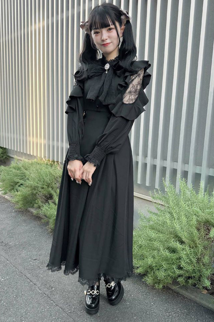 Black Stand Collar Off Shoulder Long Sleeves Hollow Bowknot Slim Jirai Kei Japanese Dress