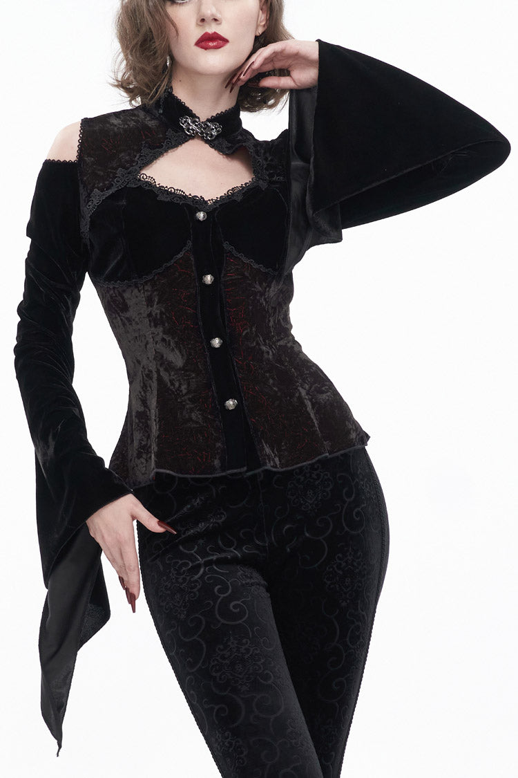 Black/Red Velvet Off-The-Shoulder Cutout Metal Button Flared Sleeve Lace-Up Women's Gothic Shirt