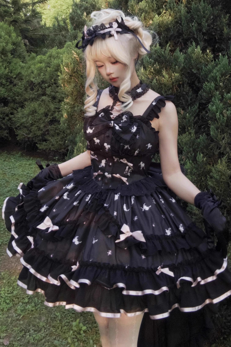 Black [Eros Kiss] Sleeveless Double-Layered Print Ruffle Bowknot Gothic Elegant Lolita Jsk Dress