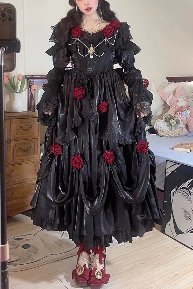 Schwarzes Tana Manor Lolita Kleid mit Rosenblüte, langen Ärmeln, Rüschen und Schleife, elegantes Gothic-Prinzessinnen-Kleid ohne Träger