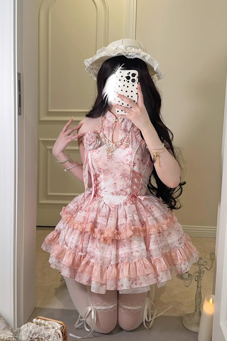 Peach Moon Bamboo Halterneck Multi-layer Print Ruffle Sweet Chinese Style Lolita Dress 2 Colors