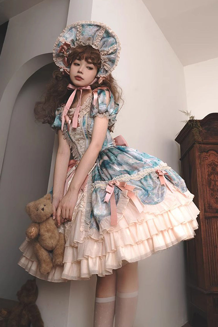 [Angel Heart Sky Oil Painting] Print Ruffle Cardigan Bowknot Sweet Princess Lolita Dress 3 Colors