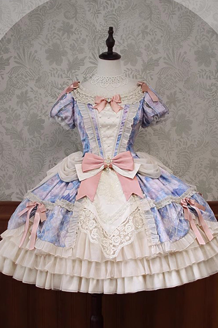 [Angel Heart Sky Oil Painting] Print Ruffle Cardigan Bowknot Sweet Princess Lolita Dress 3 Colors