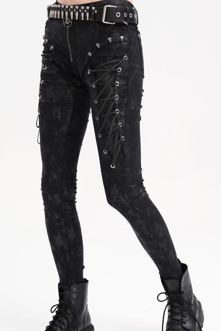 Black Skull Rivets Lace-Up Women's Punk Pants