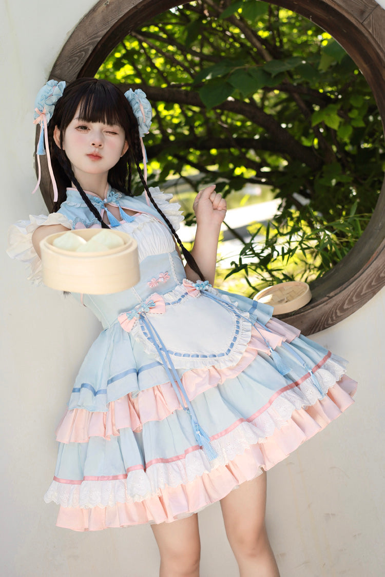 Blue/Pink Multi-Layered Ruffle Sweet Chinese Style Maid Cheongsam Lolita Dress