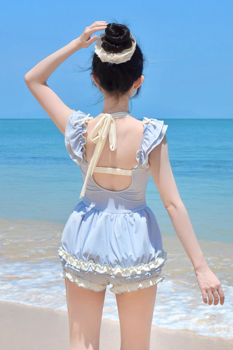 Blue Halterneck Ruffle Bowknot Sweet College Style Lolita One-piece Swimsuit