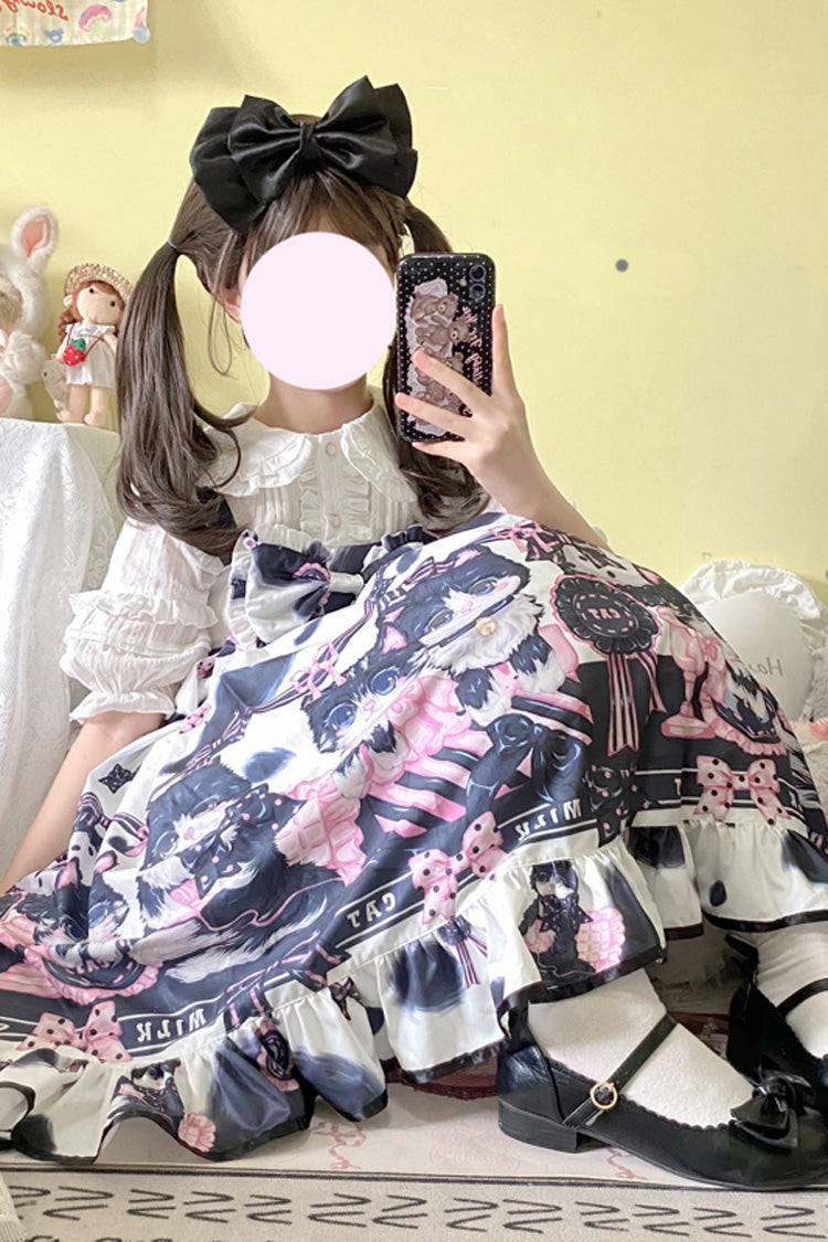 Süßes Lolita-JSK-Kleid mit mehrfarbigem Rüschenschleife und Kuh-/Katzen-Print