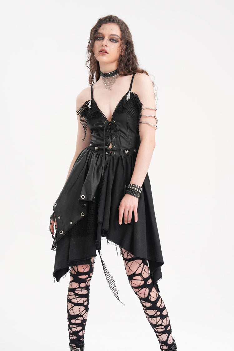 Black Sleeveless Lace Irregular Mesh Women's Gothic Slip Dress