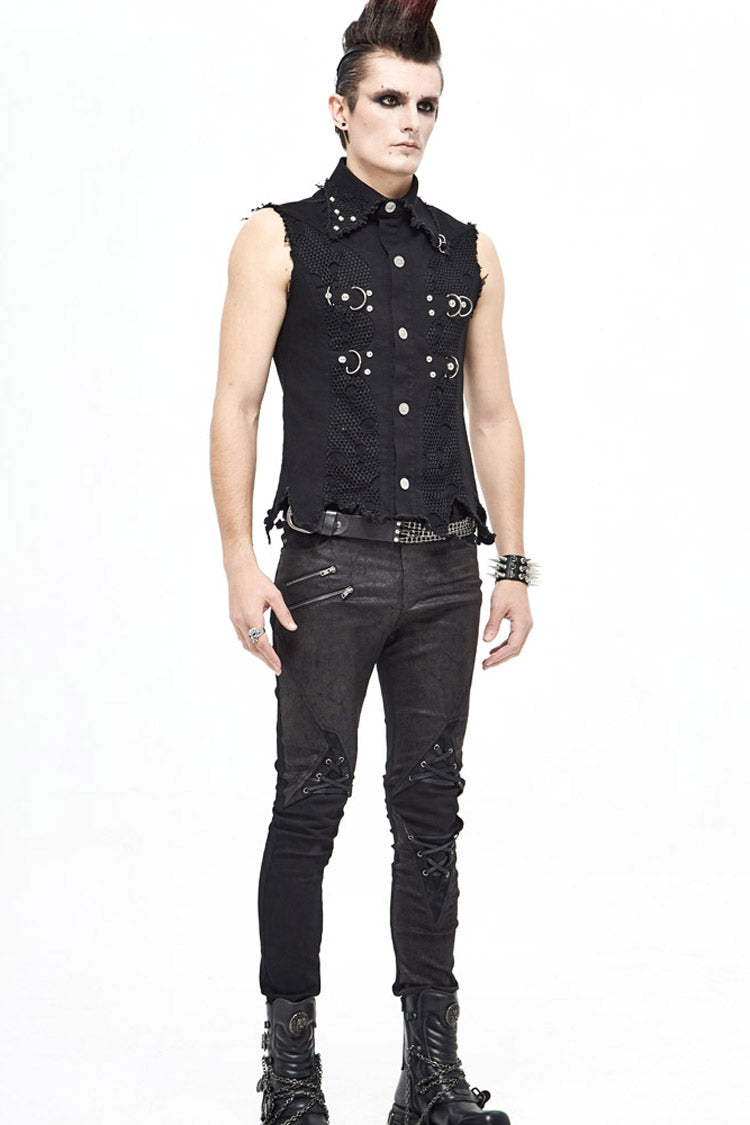 Black Worn Out Twill Mesh Decoration Rough Selvedge Hem Heavy Metal Men's Punk Waistcoat