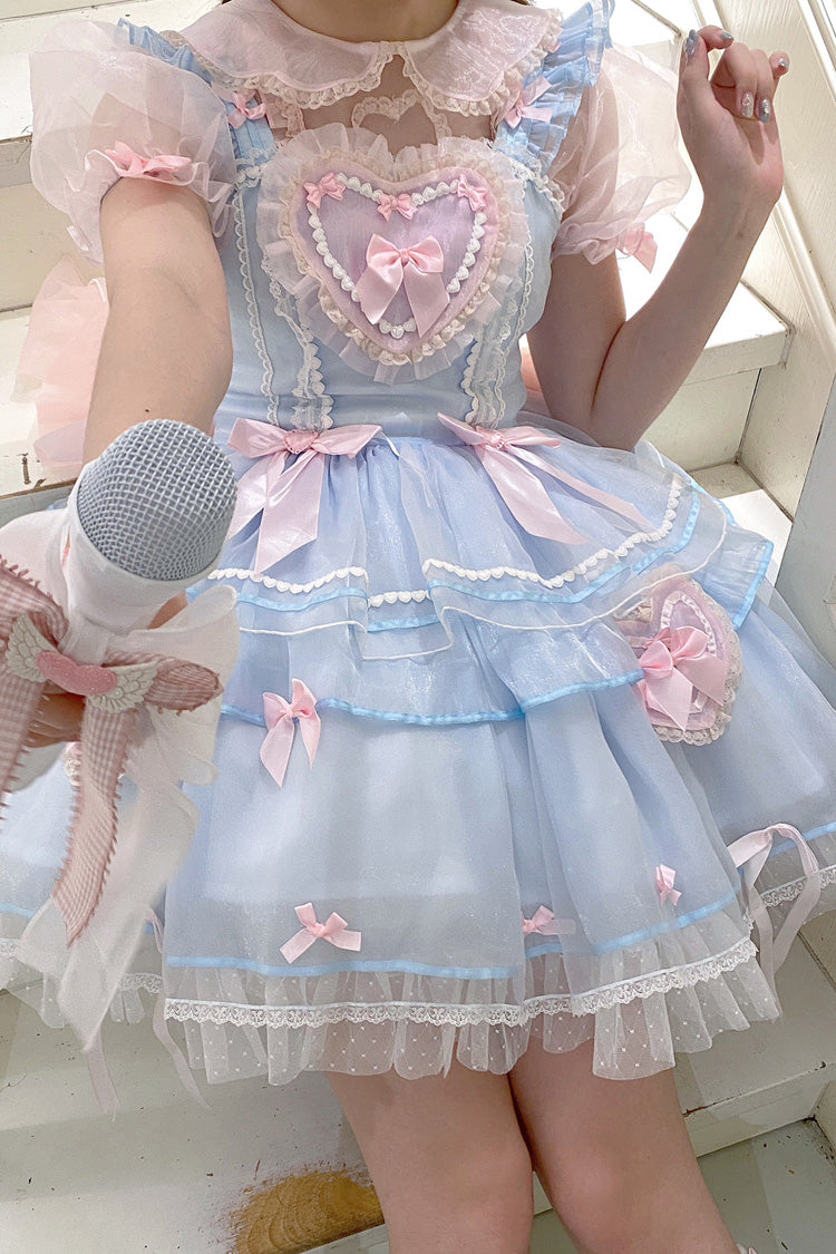 Blue/Pink Multi-layer Love Ruffle Bowknot Lace Sweet Lolita Jsk Dress