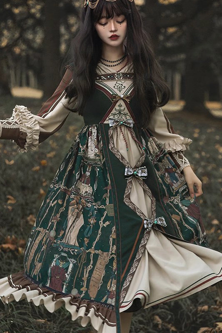 Dark Green [Tarot] Print Long Puff Sleeves Ruffle Bowknot Ripped Sweet Elegant Lolita Dress