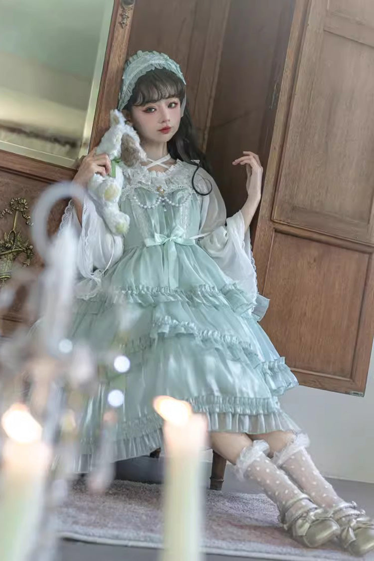 Green Starry Gauze Love Song Three-Tiered Ruffle Bowknot Sweet Lolita Tiered JSK Dress