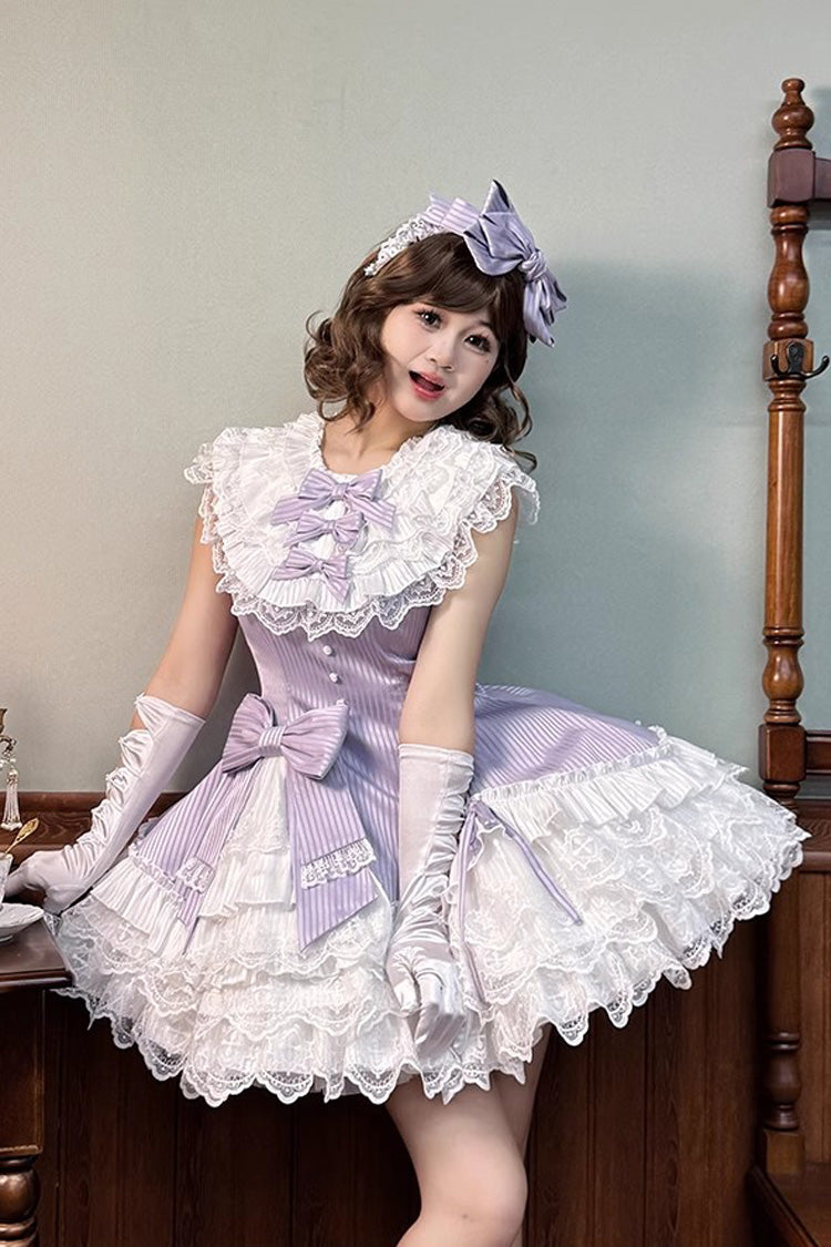 Purple [Miss Tsundere] Sleeveless Multi-Layered Ruffle Bowknot Lace Asymmetric Sweet Princess Lolita Dress