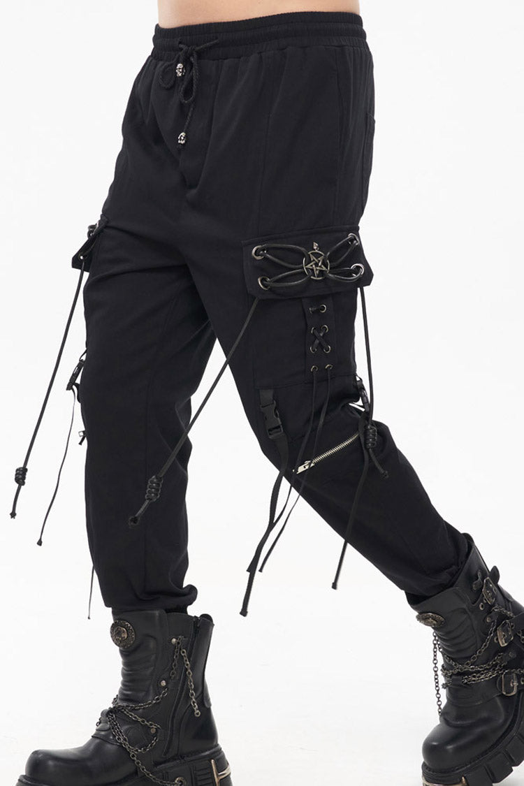 Schwarze Punk-Herrenhose aus feinem Twill mit zweifacher Metallschnalle und Kettendekoration